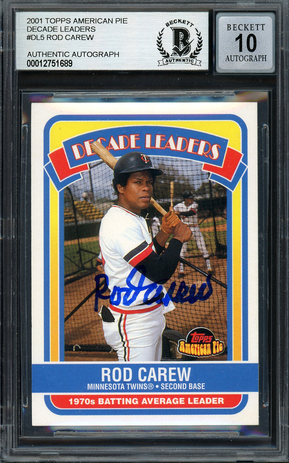Rod Carew Autographed 2001 Topps American Pie Card #DL5 Minnesota Twins Auto Grade Gem Mint 10 Beckett BAS #12751689