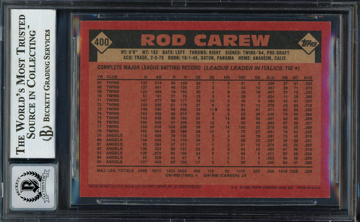 Rod Carew Autographed 2001 Topps Archives Card #151 California Angels Auto Grade Gem Mint 10 Beckett BAS Stock #192706