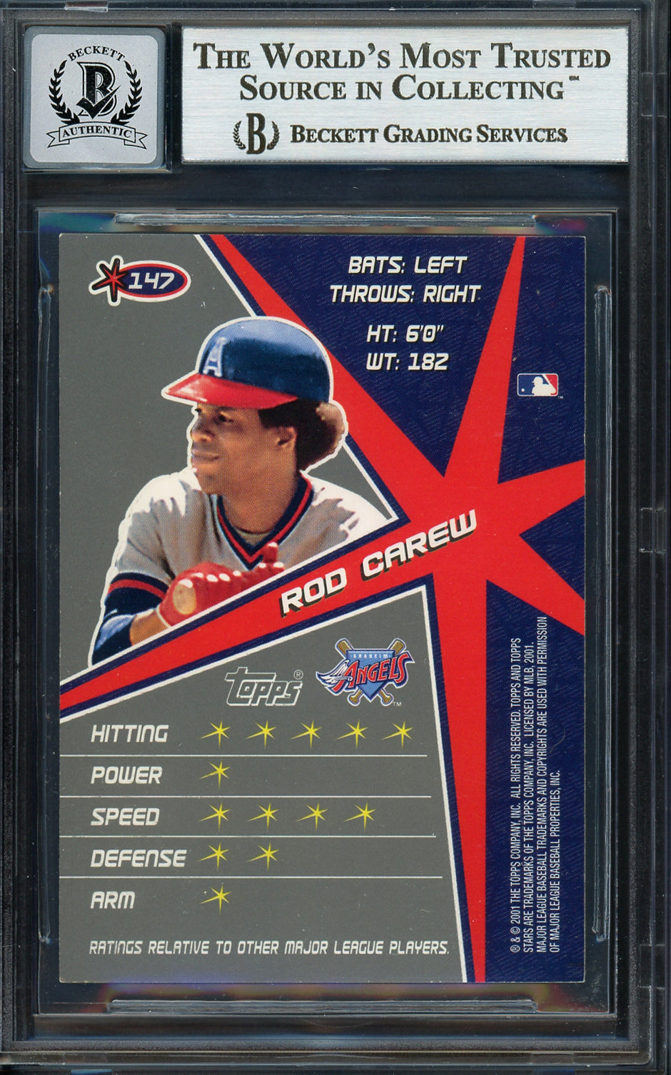 Rod Carew Autographed 2001 Topps Stars Card #147 California Angels Auto Grade Gem Mint 10 Beckett BAS #12751715