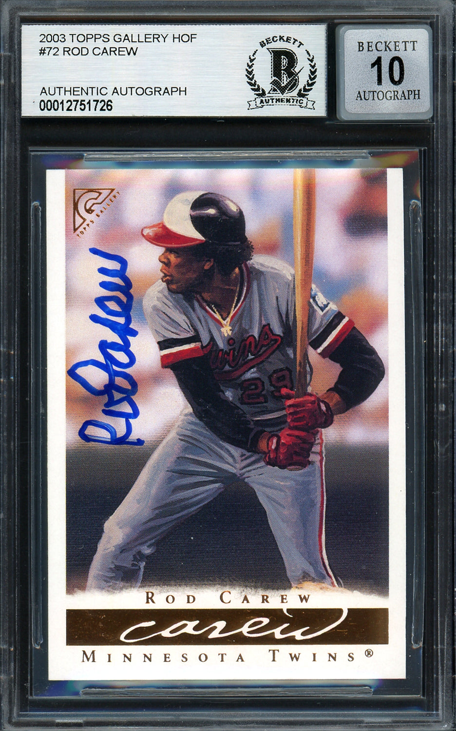 Rod Carew Autographed 2003 Topps Gallery Card #72 Minnesota Twins Auto Grade Gem Mint 10 Beckett BAS Stock #192719