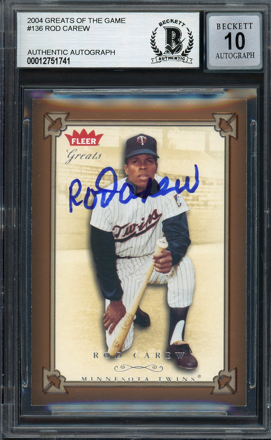 Rod Carew Autographed 2004 Fleer Greats of the Game Card #136 Minnesota Twins Auto Grade Gem Mint 10 Beckett BAS #12751741