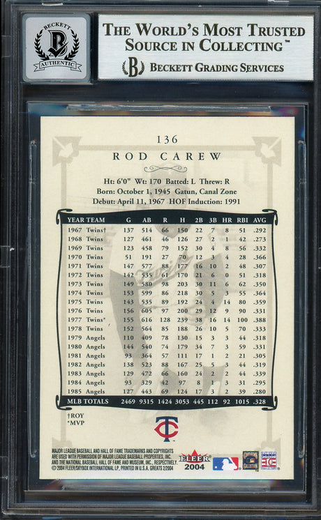 Rod Carew Autographed 2004 Fleer Greats of the Game Card #136 Minnesota Twins Auto Grade Gem Mint 10 Beckett BAS #12751741