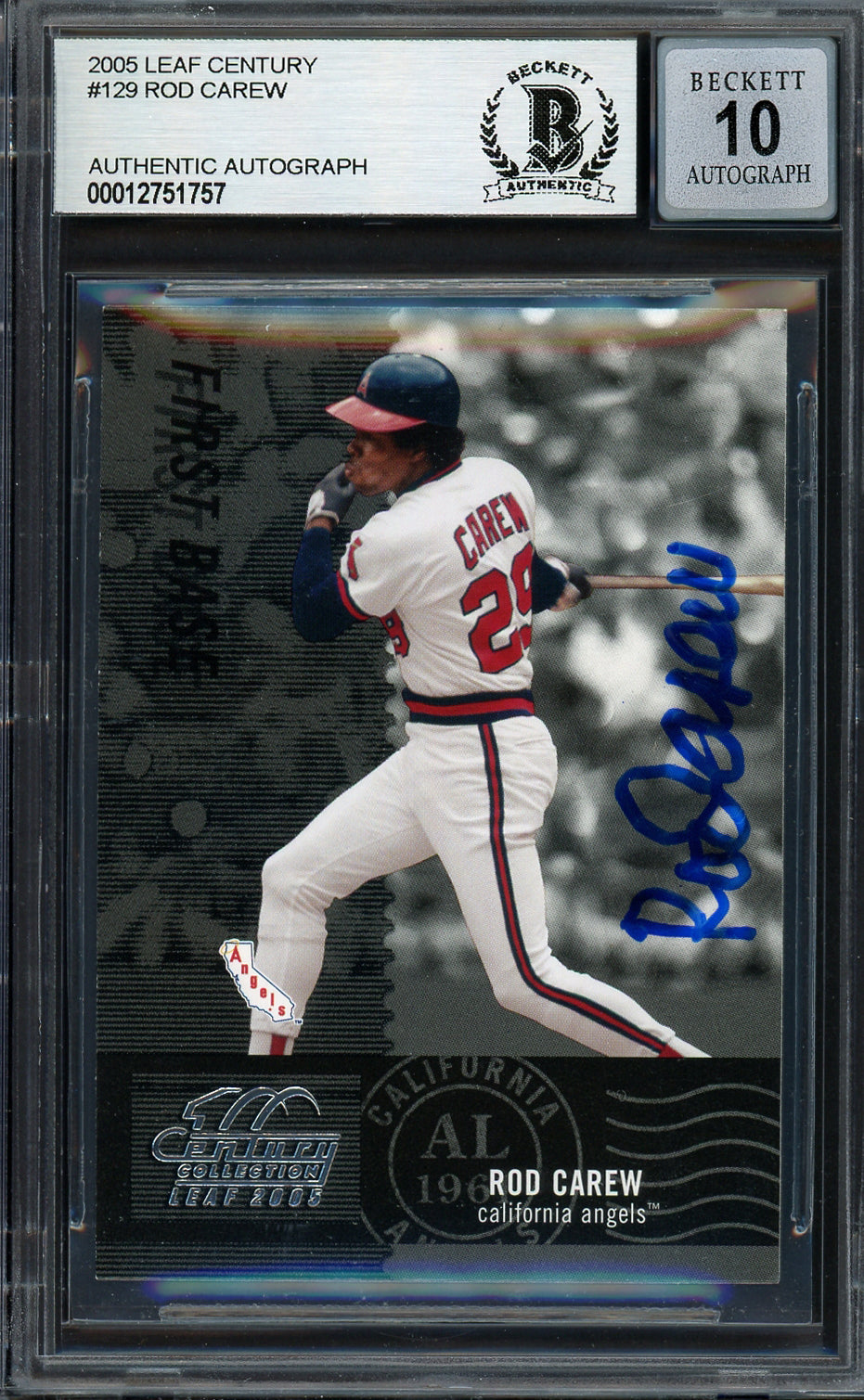 Rod Carew Autographed 2005 Leaf Century Card #129 California Angels Auto Grade Gem Mint 10 Beckett BAS #12751757