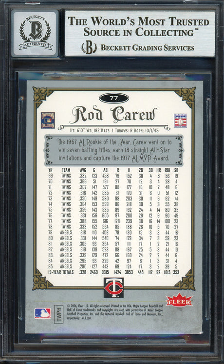 Rod Carew Autographed 2006 Fleer Greats of the Game Card #77 Minnesota Twins Auto Grade Gem Mint 10 Beckett BAS #12751823