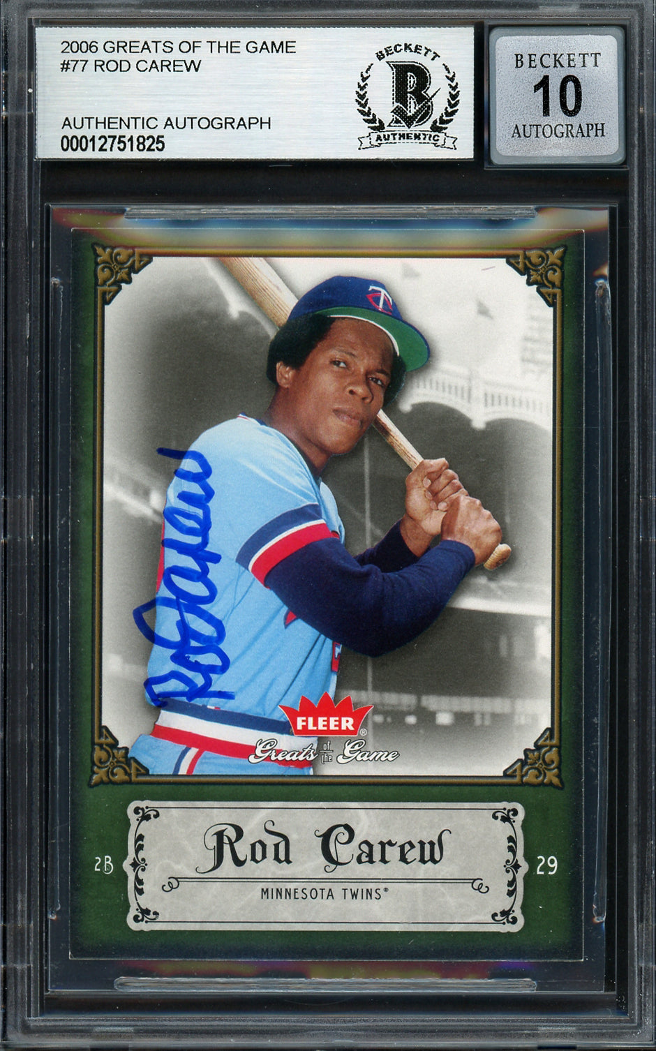 Rod Carew Autographed 2006 Fleer Greats of the Game Card #77 Minnesota Twins Auto Grade Gem Mint 10 Beckett BAS #12751825