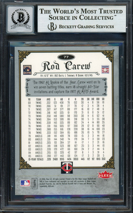 Rod Carew Autographed 2006 Fleer Greats of the Game Card #77 Minnesota Twins Auto Grade Gem Mint 10 Beckett BAS #12751825