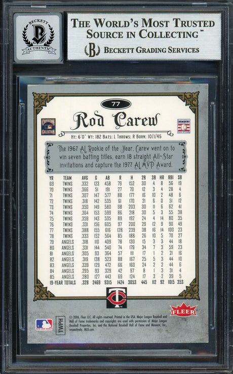 Rod Carew Autographed 2006 Fleer Greats of the Game Card #77 Minnesota Twins Auto Grade Gem Mint 10 Beckett BAS #12751826