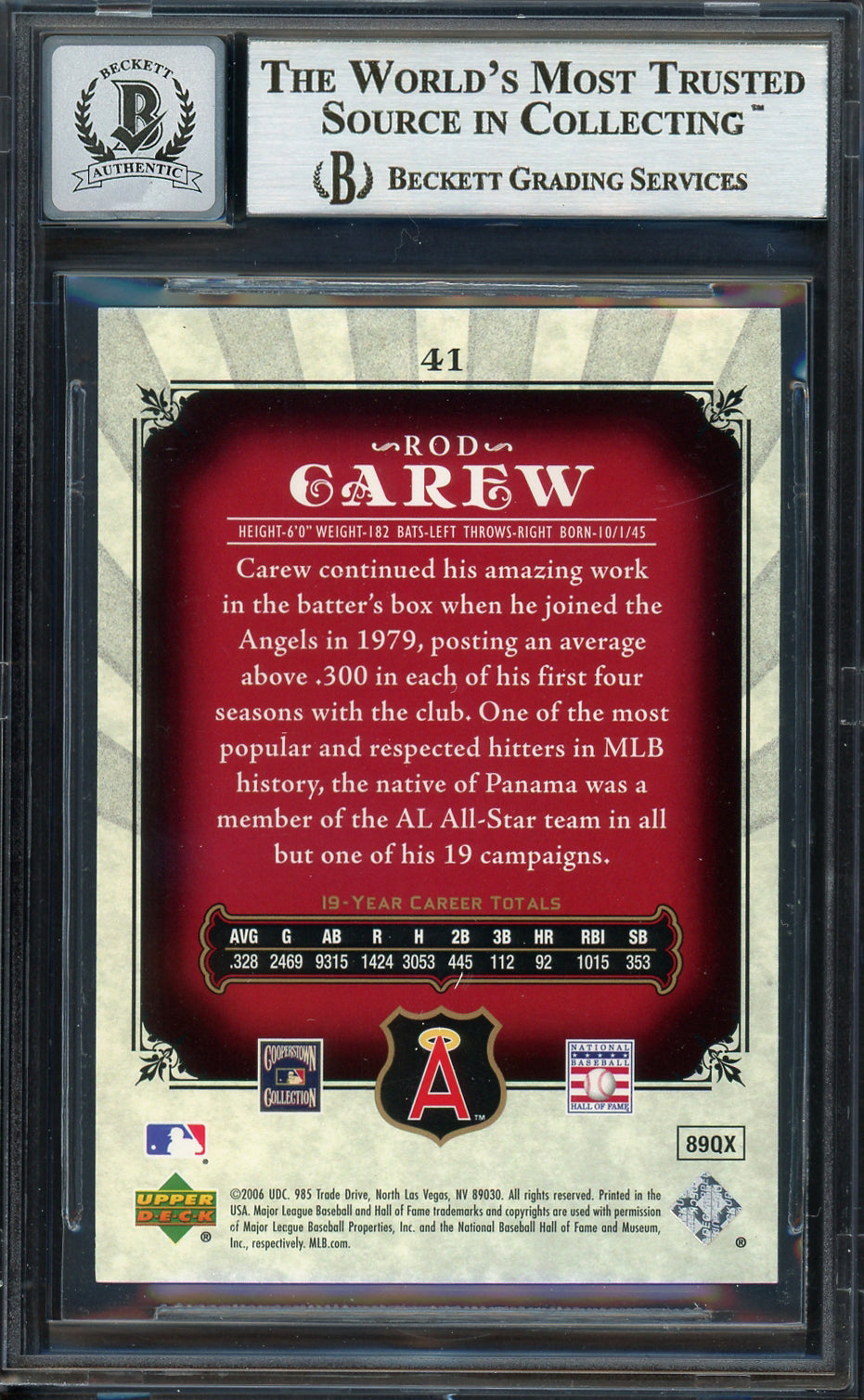 Rod Carew Autographed 2006 SP Legendary Cuts Card #41 California Angels Auto Grade Gem Mint 10 Beckett BAS Stock #192754