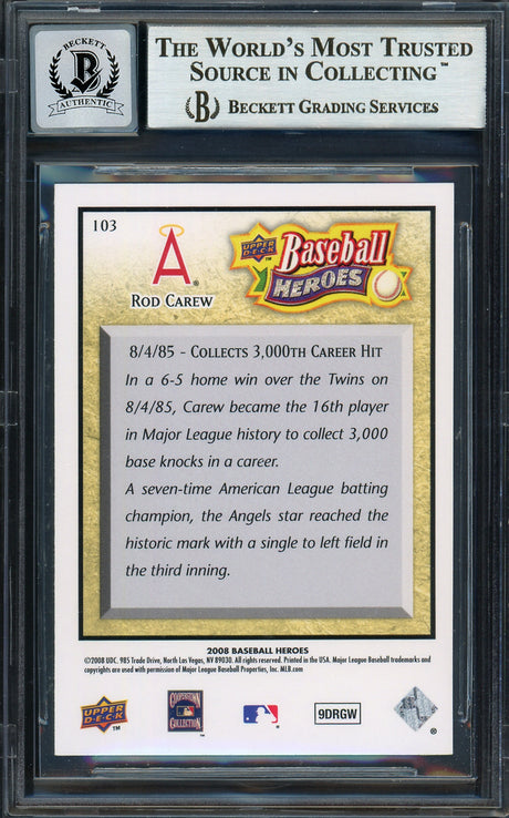 Rod Carew Autographed 2008 Upper Deck Baseball Heroes Card #103 California Angels Auto Grade Gem Mint 10 Beckett BAS #12751844