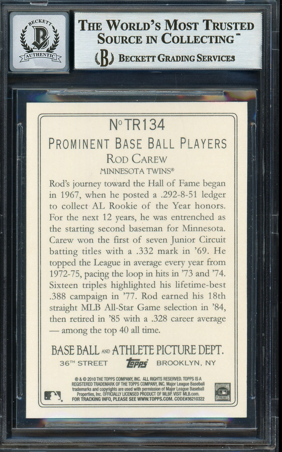Rod Carew Autographed 2010 Topps Turkey Red Card #TR134 Minnesota Twins Auto Grade Gem Mint 10 Beckett BAS Stock #192763