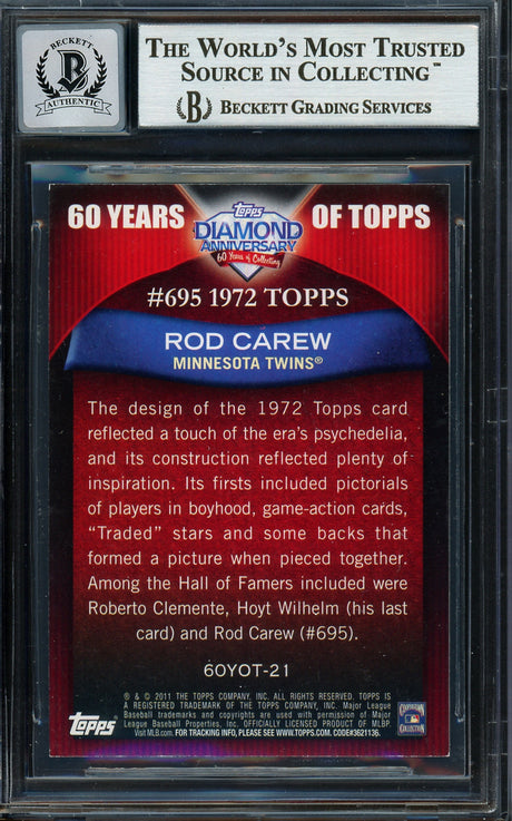 Rod Carew Autographed 2011 Topps 60 Years of Topps Card #60YOT-21 Minnesota Twins Auto Grade Gem Mint 10 Beckett BAS Stock #192764