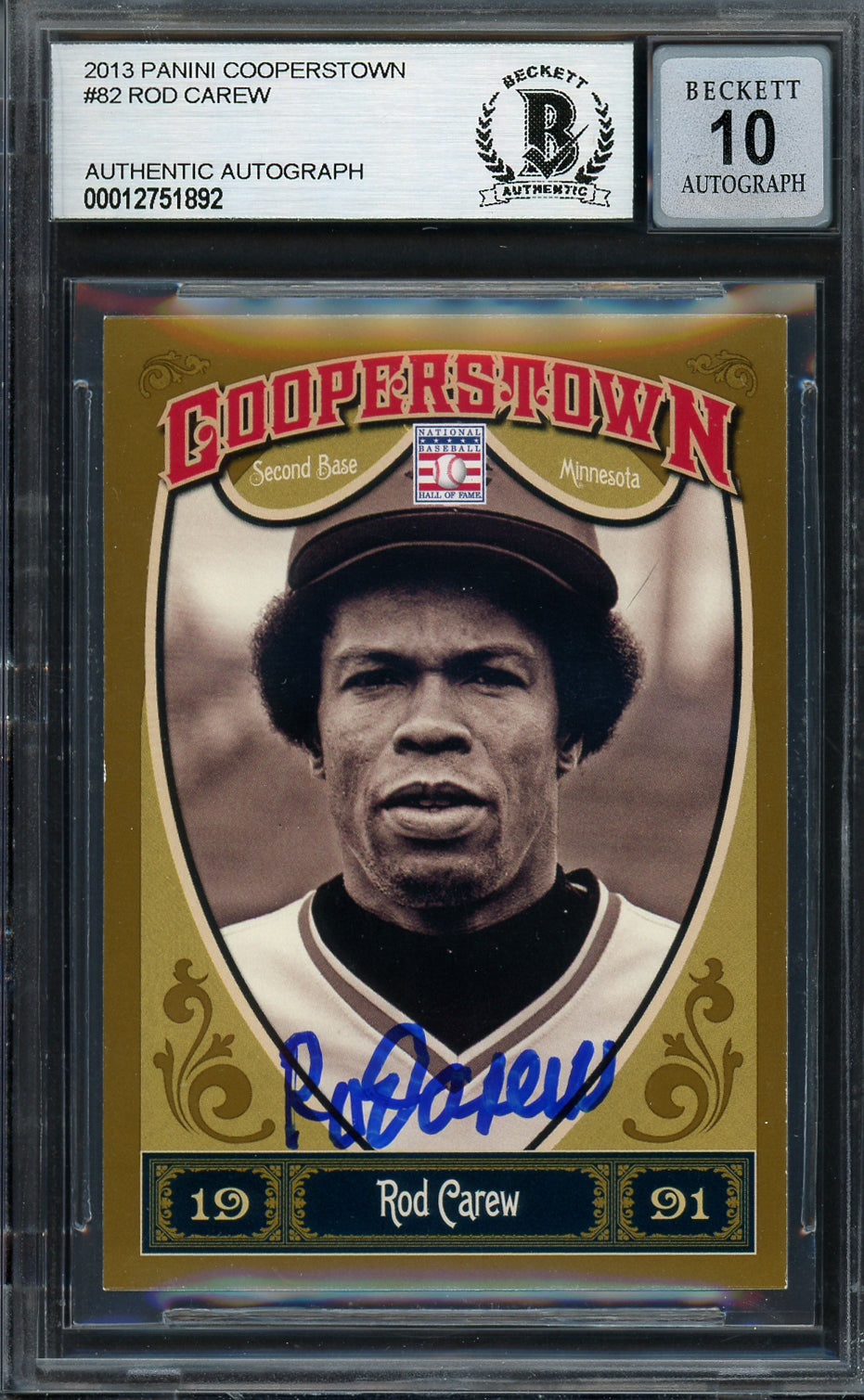 Rod Carew Autographed 2013 Panini Cooperstown Card #82 Minnesota Twins Auto Grade Gem Mint 10 Beckett BAS #12751892