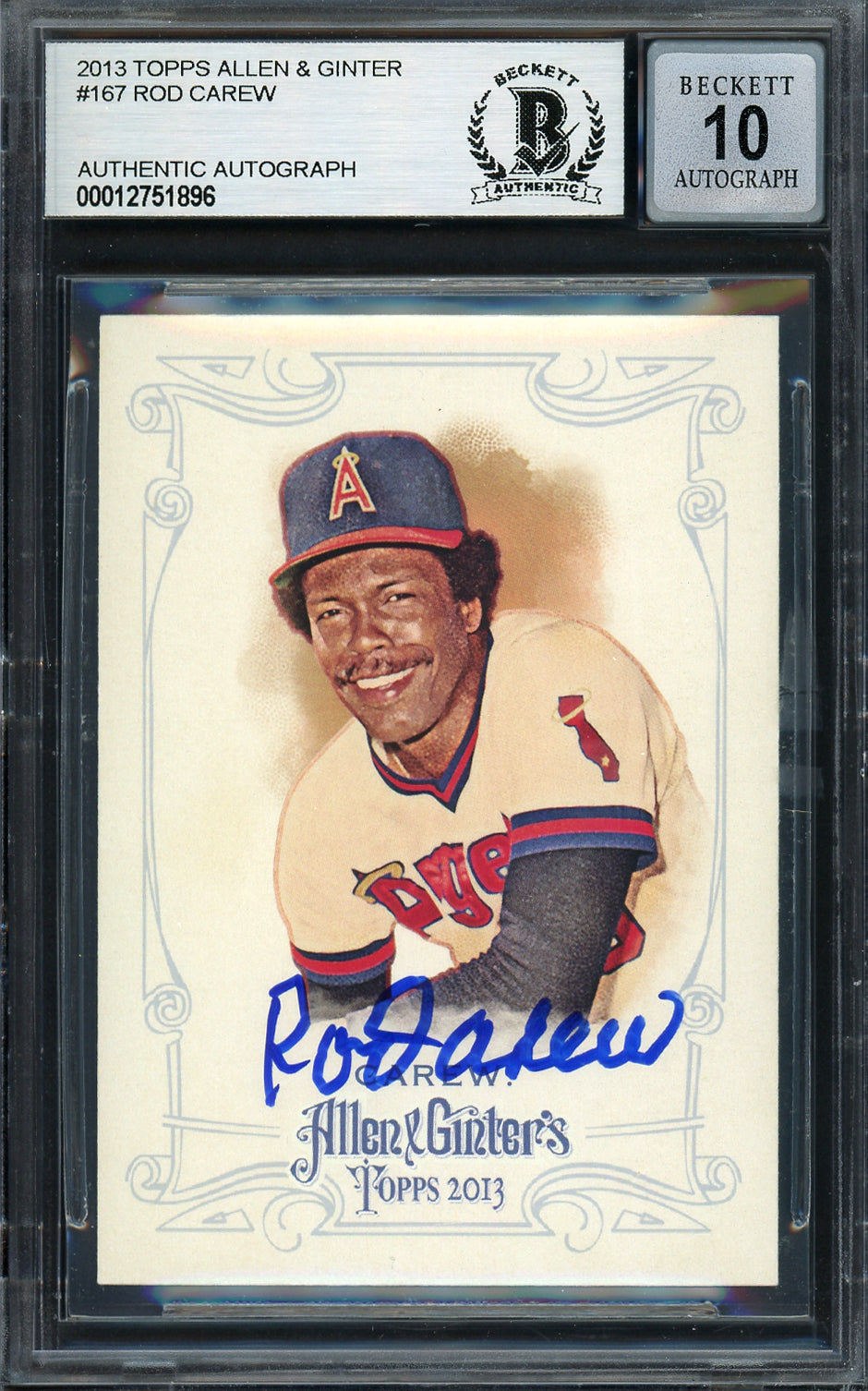 Rod Carew Autographed 2013 Topps Allen & Ginter Card #167 California Angels Auto Grade Gem Mint 10 Beckett BAS Stock #192776