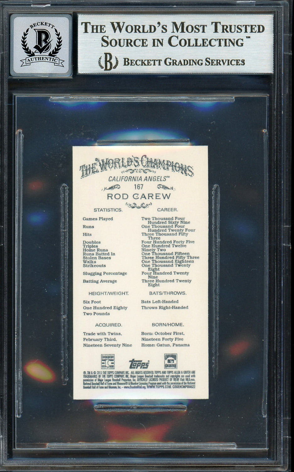 Rod Carew Autographed 2013 Topps Allen & Ginter Mini Card #167 California Angels Auto Grade Gem Mint 10 Beckett BAS #12751914