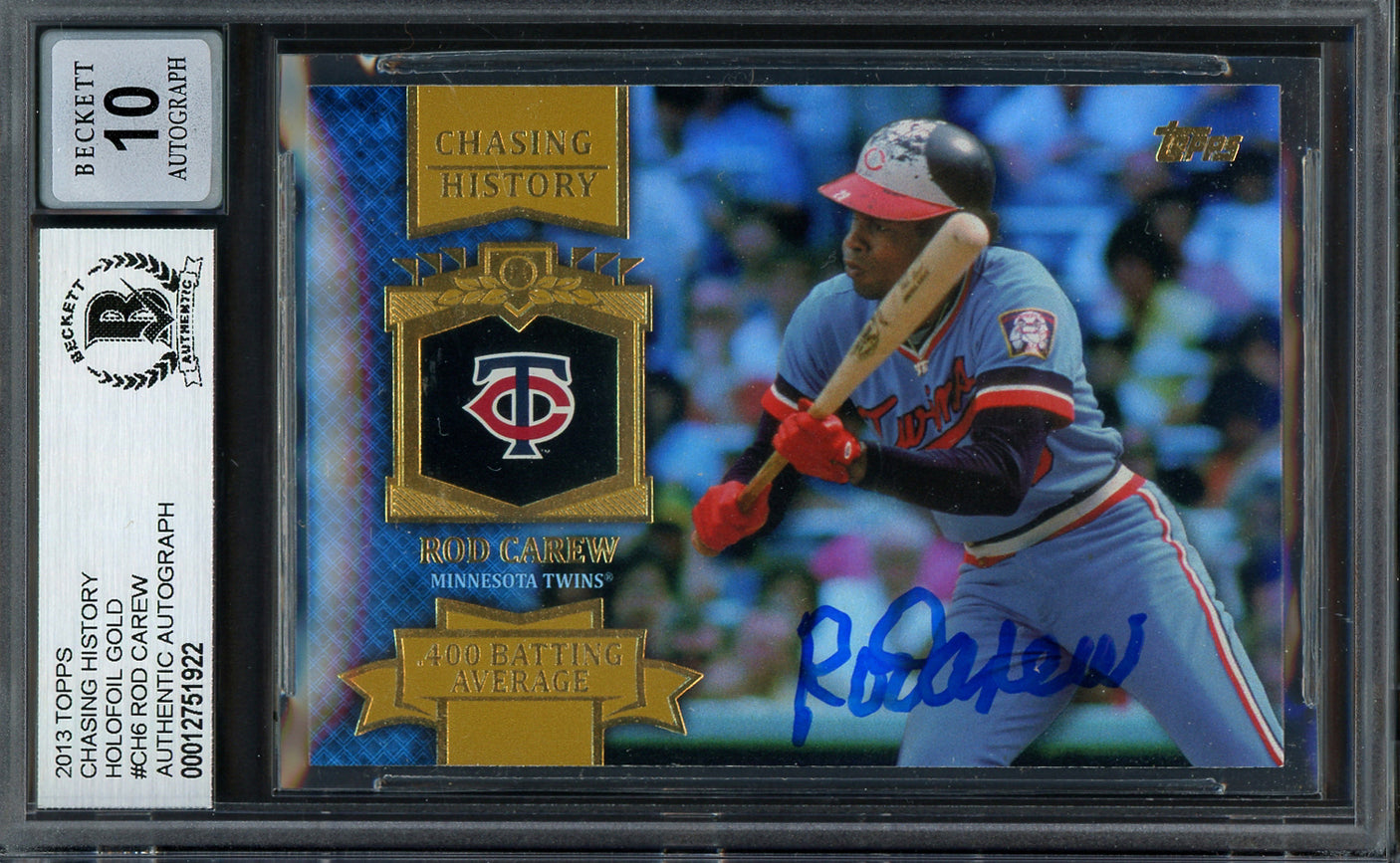 Rod Carew Autographed 2013 Topps Chasing History Gold Holofoil Card #CH-6 Minnesota Twins Auto Grade Gem Mint 10 Beckett BAS #12751922