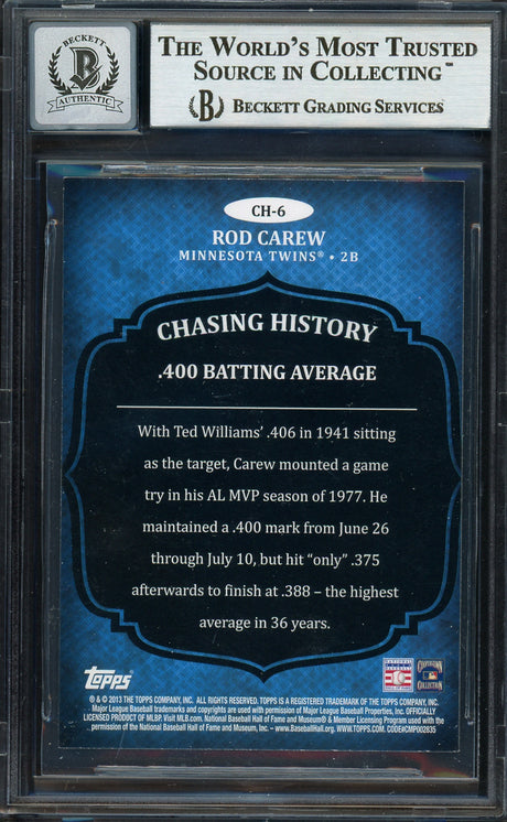 Rod Carew Autographed 2013 Topps Chasing History Card #CH-6 Minnesota Twins Auto Grade Gem Mint 10 Beckett BAS #12751926