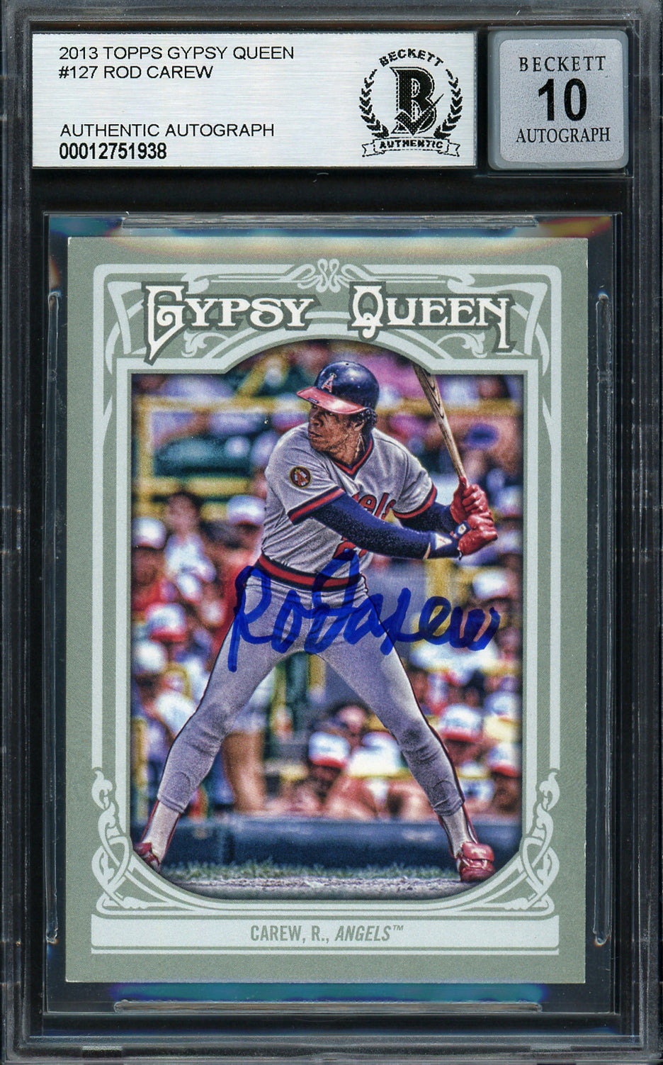 Rod Carew Autographed 2013 Topps Gypsy Queen Card #127 California Angels Auto Grade Gem Mint 10 Beckett BAS Stock #192787