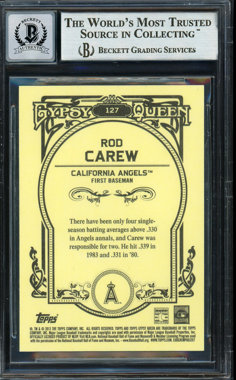 Rod Carew Autographed 2013 Topps Gypsy Queen Card #127 California Angels Auto Grade Gem Mint 10 Beckett BAS Stock #192787