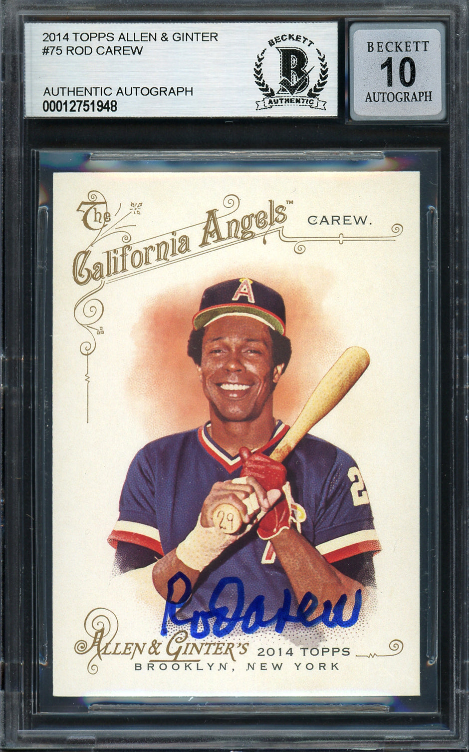 Rod Carew Autographed 2014 Topps Allen & Ginter Card #75 California Angels Auto Grade Gem Mint 10 Beckett BAS Stock #192788
