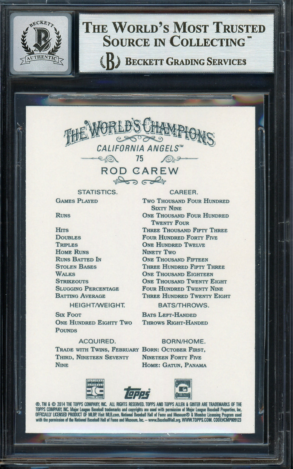 Rod Carew Autographed 2014 Topps Allen & Ginter Card #75 California Angels Auto Grade Gem Mint 10 Beckett BAS Stock #192788