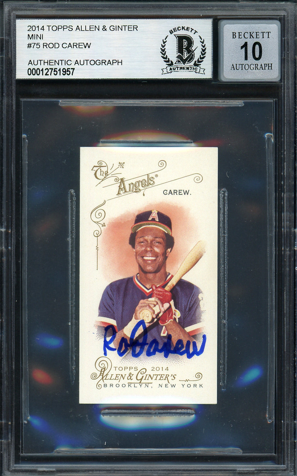 Rod Carew Autographed 2014 Topps Allen & Ginter Mini Card #75 California Angels Auto Grade Gem Mint 10 Beckett BAS #12751957