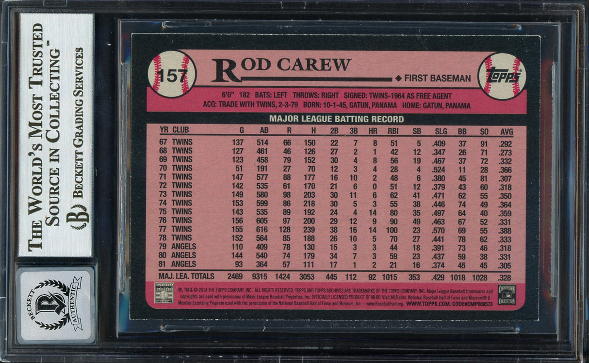 Rod Carew Autographed 2014 Topps Archives Card #157 California Angels Auto Grade Gem Mint 10 Beckett BAS #12751958
