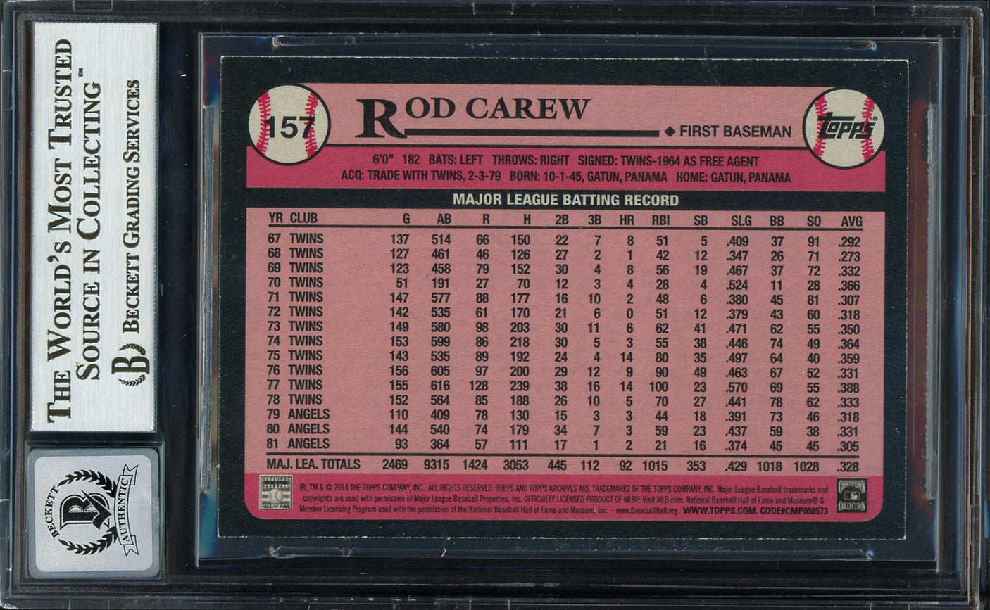 Rod Carew Autographed 2014 Topps Archives Card #157 California Angels Auto Grade Gem Mint 10 Beckett BAS #12751958