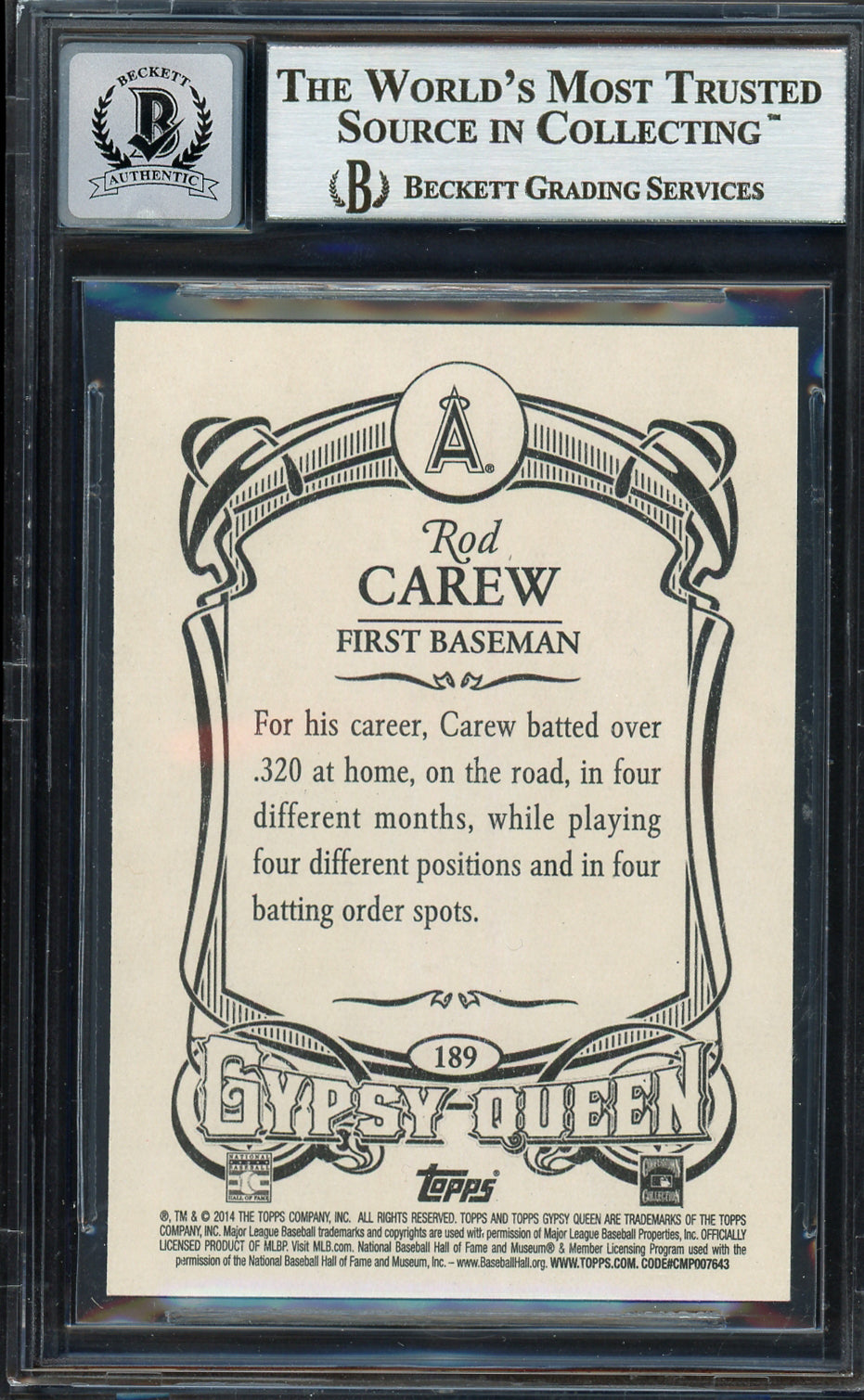 Rod Carew Autographed 2014 Topps Gypsy Queen Card #189 California Angels Auto Grade Gem Mint 10 Beckett BAS #12751966