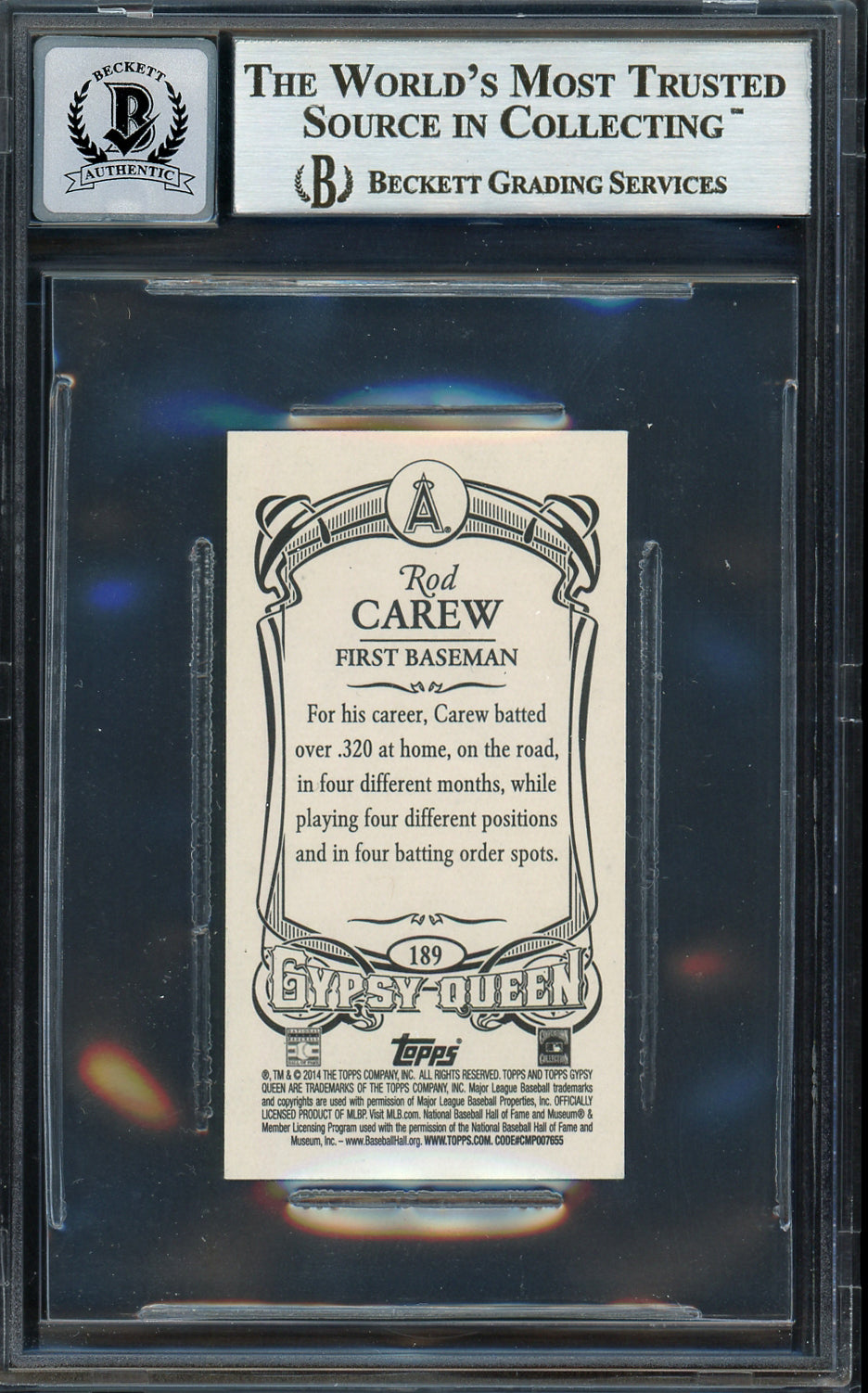 Rod Carew Autographed 2014 Topps Gypsy Queen Mini Card #189 California Angels Auto Grade Gem Mint 10 Beckett BAS #12751967