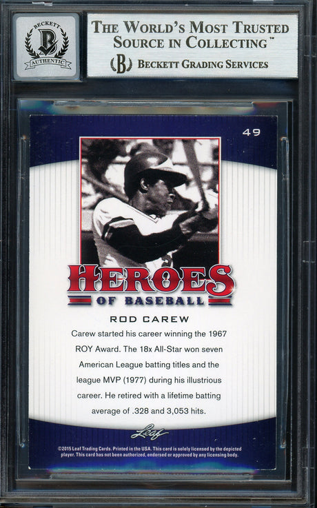 Rod Carew Autographed 2015 Leaf Heroes of Baseball Card #49 Minnesota Twins Auto Grade Gem Mint 10 Beckett BAS #12751968