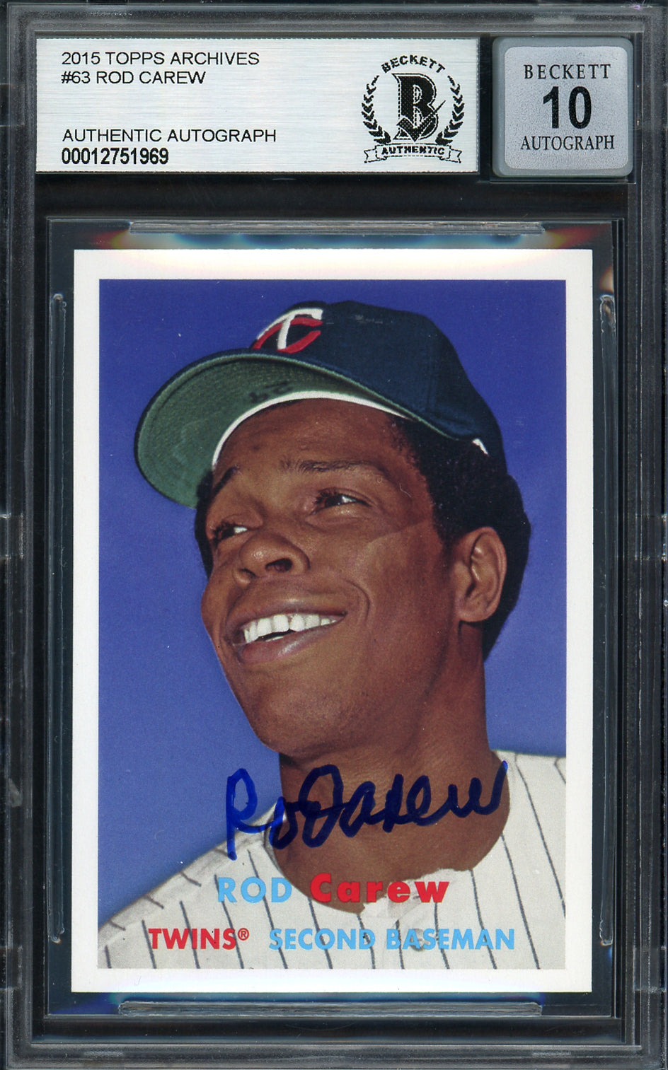 Rod Carew Autographed 2015 Topps Archives Card #63 Minnesota Twins Auto Grade Gem Mint 10 Beckett BAS #12751969