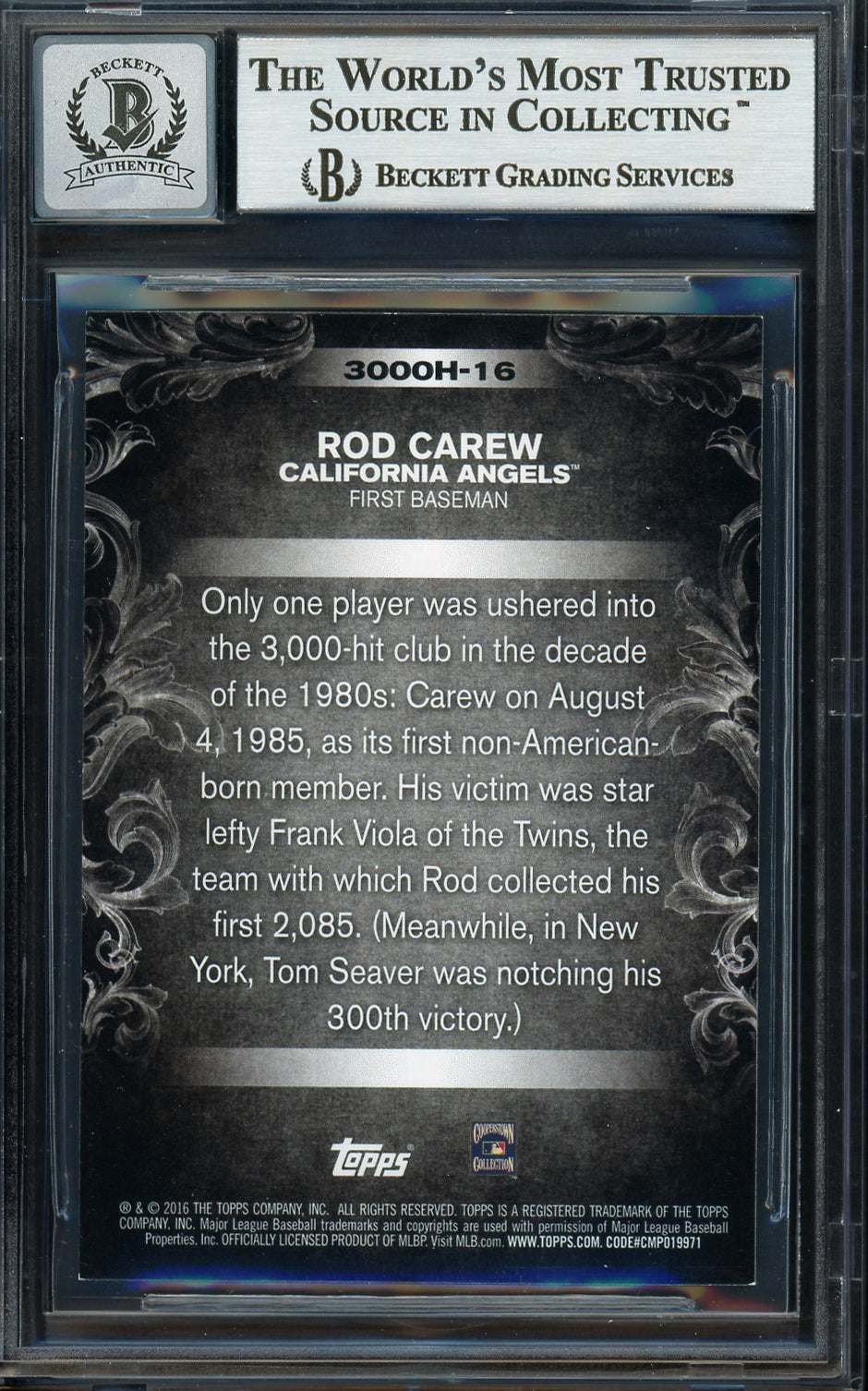Rod Carew Autographed 2016 Topps 3000 Hit Club Card #3000H-16 California Angels Auto Grade Gem Mint 10 Beckett BAS Stock #192804