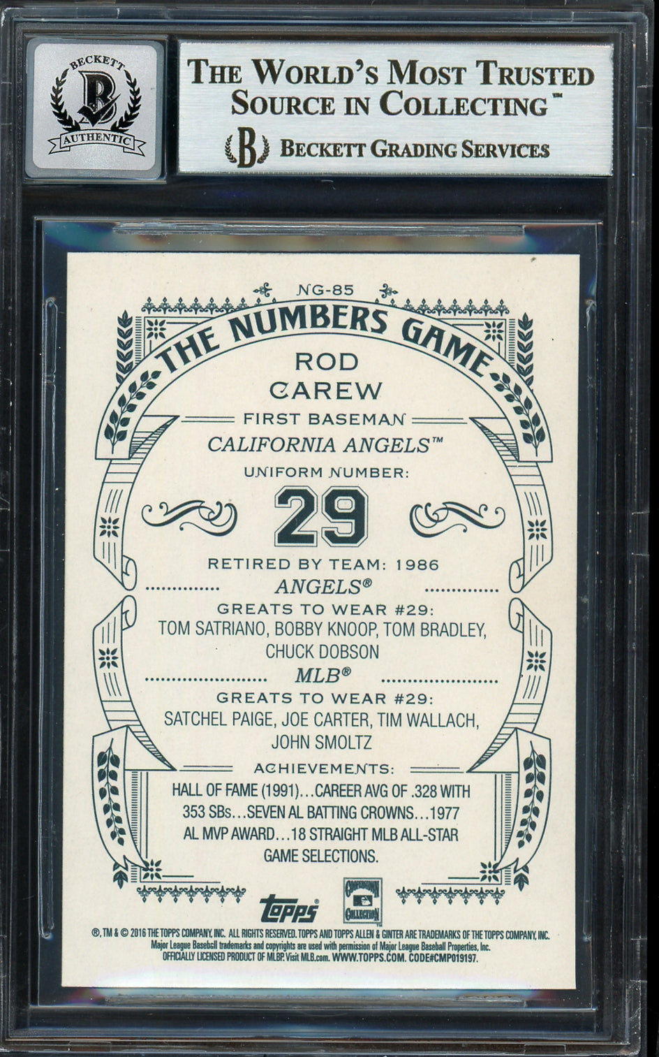 Rod Carew Autographed 2016 Topps Allen & Ginter Number's Game Card #NG-85 California Angels Auto Grade Gem Mint 10 Beckett BAS Stock #192805