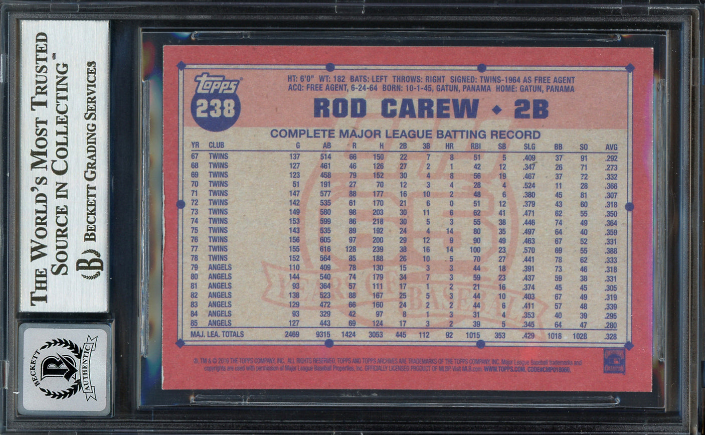 Rod Carew Autographed 2016 Topps Archives Card #238 Minnesota Twins Auto Grade Gem Mint 10 Beckett BAS Stock #192806