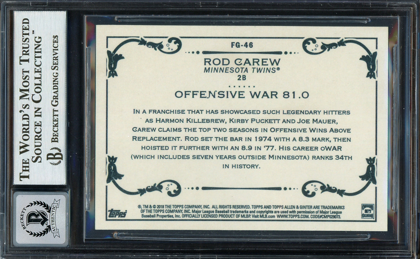 Rod Carew Autographed 2018 Topps Allen & Ginter Fantasy Goldmine Card #FG-46 Minnesota Twins Auto Grade Gem Mint 10 Beckett BAS #12752002