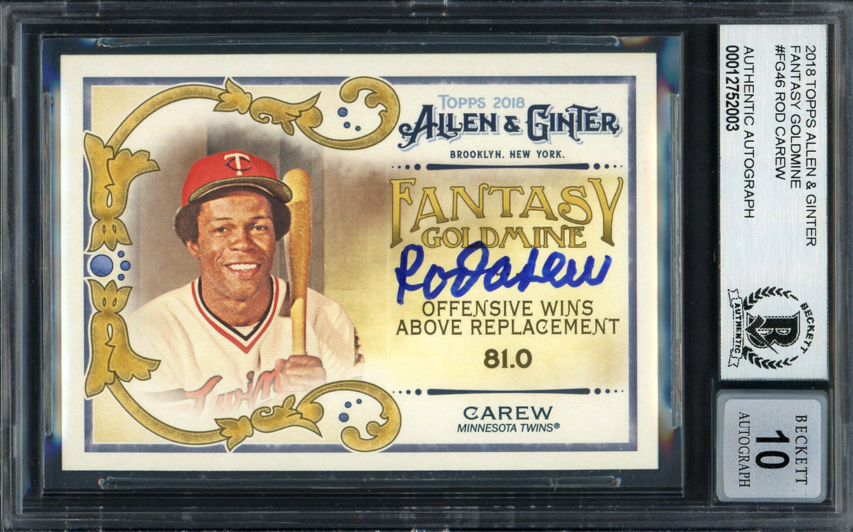 Rod Carew Autographed 2018 Topps Allen & Ginter Fantasy Goldmine Card #FG-46 Minnesota Twins Auto Grade Gem Mint 10 Beckett BAS #12752003