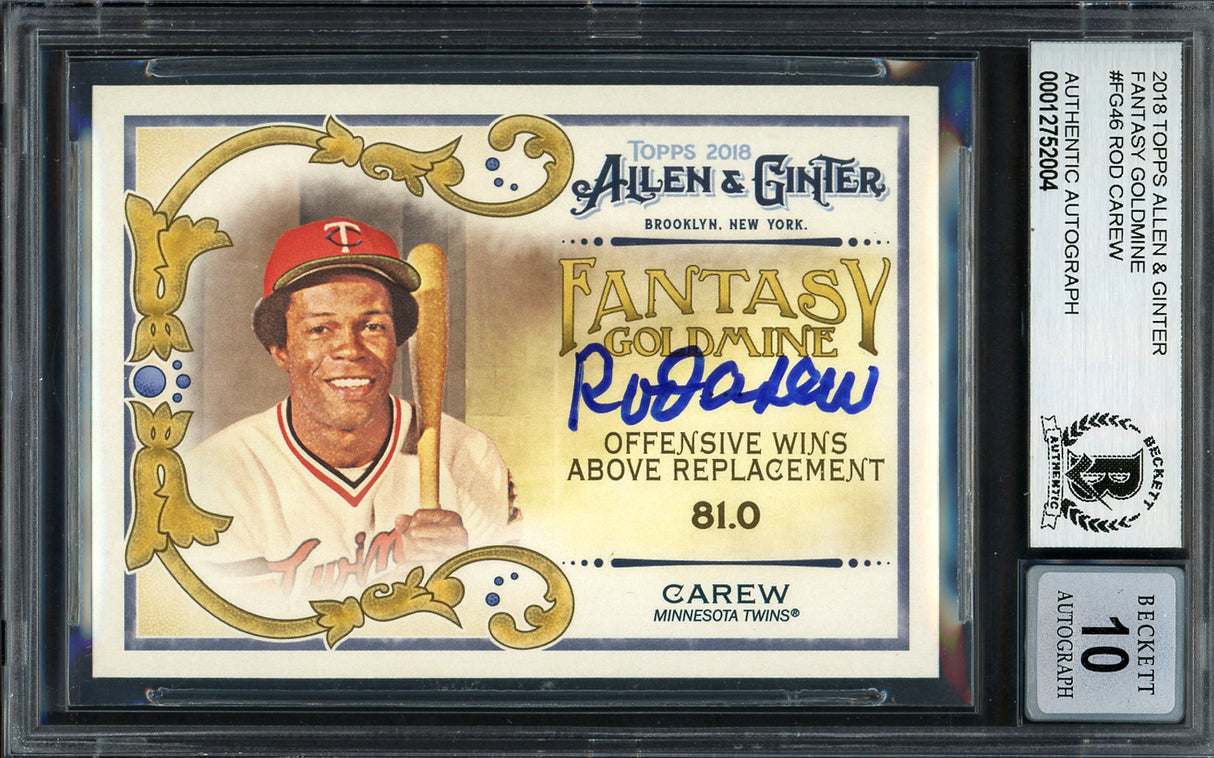 Rod Carew Autographed 2018 Topps Allen & Ginter Fantasy Goldmine Card #FG-46 Minnesota Twins Auto Grade Gem Mint 10 Beckett BAS #12752004
