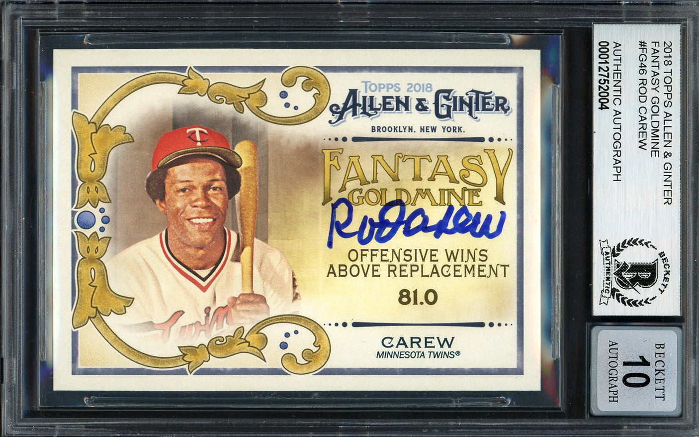 Rod Carew Autographed 2018 Topps Allen & Ginter Fantasy Goldmine Card #FG-46 Minnesota Twins Auto Grade Gem Mint 10 Beckett BAS #12752004