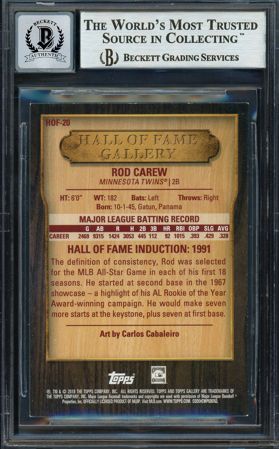 Rod Carew Autographed 2018 Topps Gallery Card #HOF-20 Minnesota Twins Auto Grade Gem Mint 10 Beckett BAS #12752013