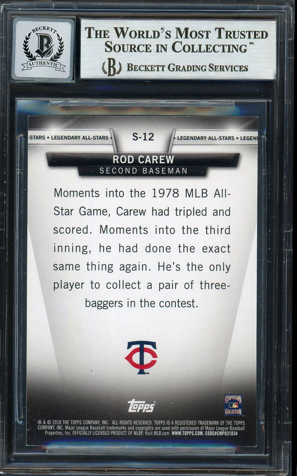 Rod Carew Autographed 2018 Topps Legendary All Stars Card #S-12 Minnesota Twins Auto Grade Gem Mint 10 Beckett BAS Stock #192821