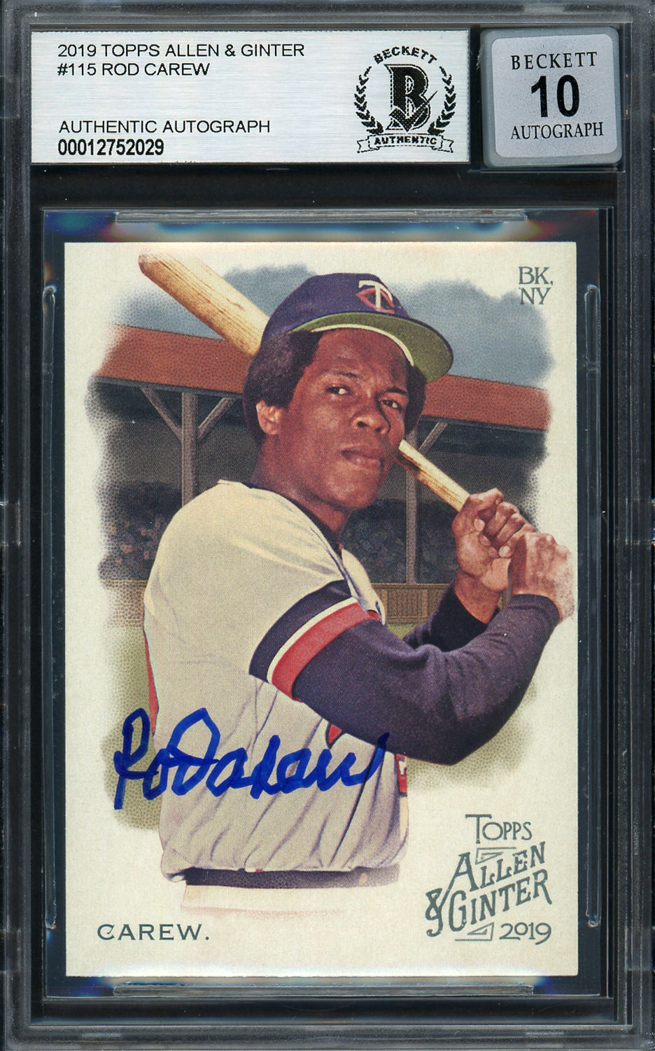 Rod Carew Autographed 2019 Topps Allen & Ginter Card #115 Minnesota Twins Auto Grade Gem Mint 10 Beckett BAS Stock #192823
