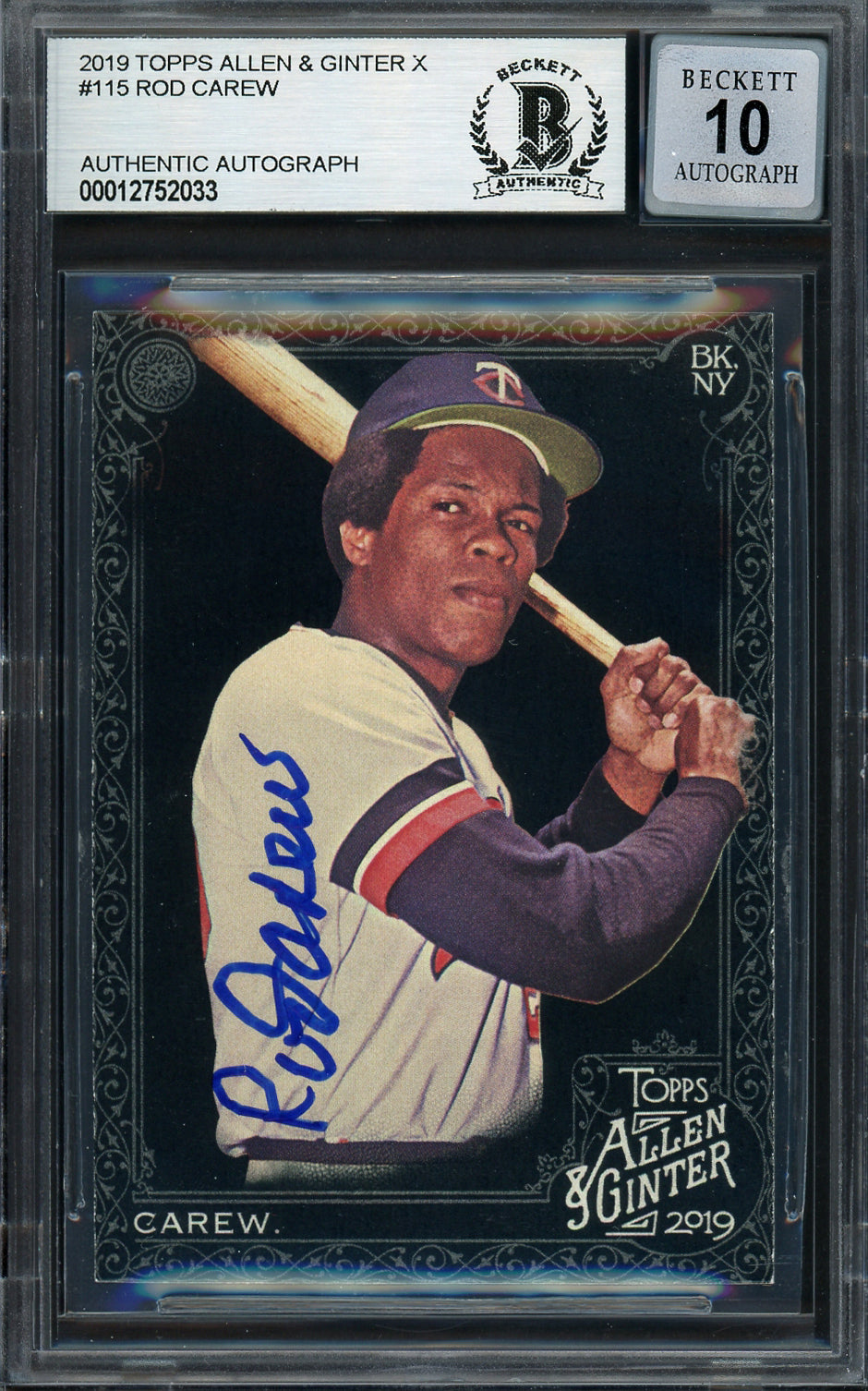 Rod Carew Autographed 2019 Topps Allen & Ginter Black Card #115 Minnesota Twins Auto Grade Gem Mint 10 Beckett BAS #12752033