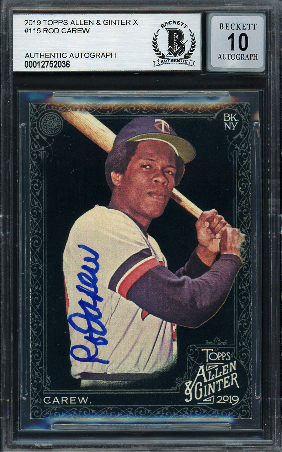 Rod Carew Autographed 2019 Topps Allen & Ginter Black Card #115 Minnesota Twins Auto Grade Gem Mint 10 Beckett BAS #12752036