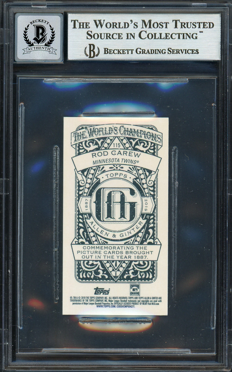 Rod Carew Autographed 2019 Topps Allen & Ginter Mini Card #115 Minnesota Twins Auto Grade Gem Mint 10 Beckett BAS Stock #192829