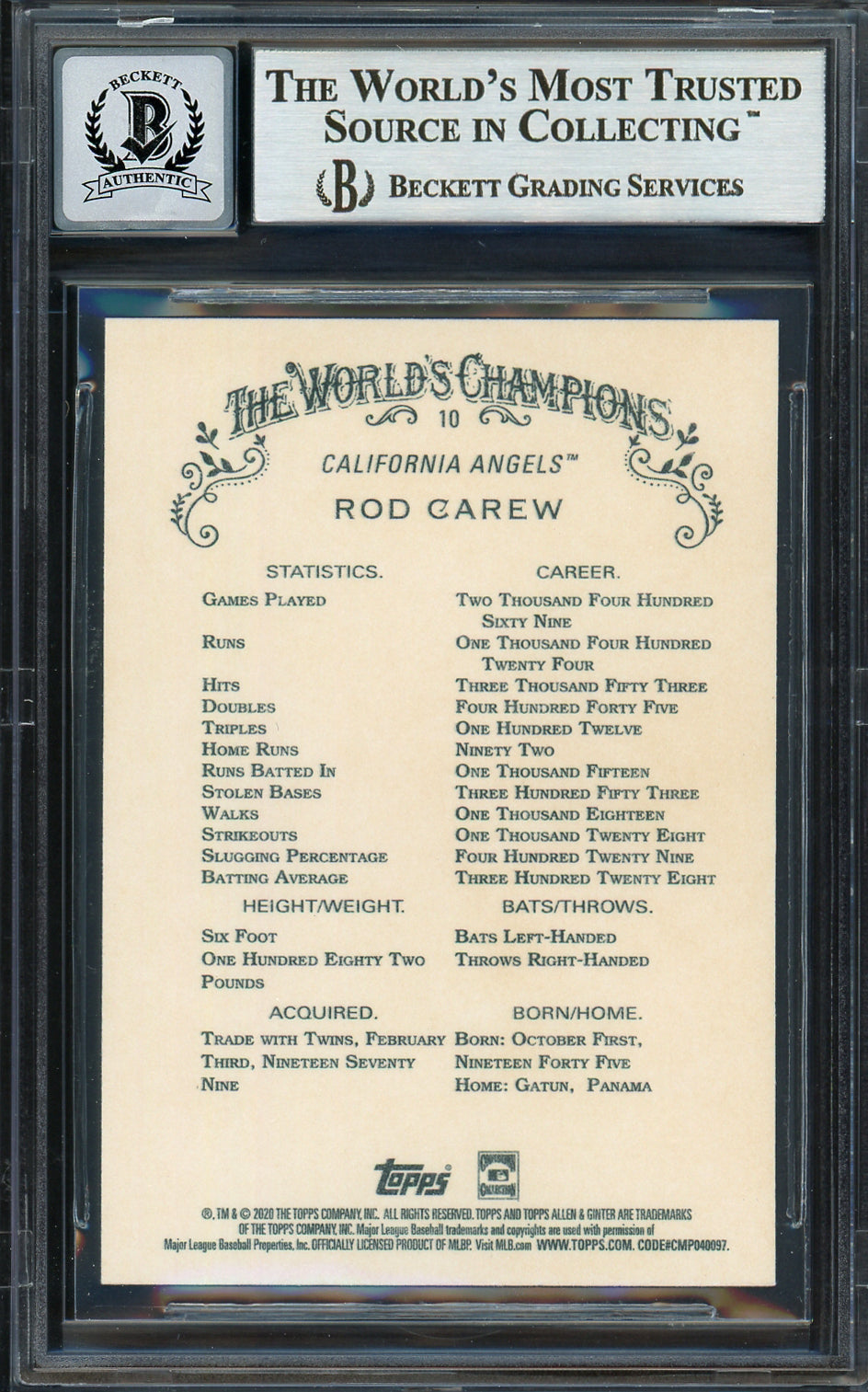 Rod Carew Autographed 2020 Topps Allen & Ginter Card #10 California Angels Auto Grade Gem Mint 10 Beckett BAS Stock #192837