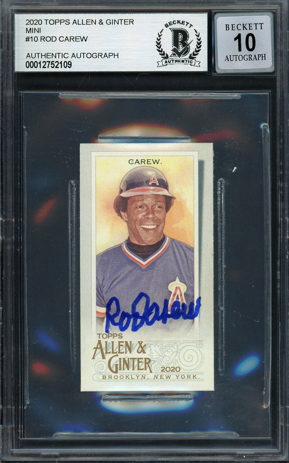 Rod Carew Autographed 2020 Topps Allen & Ginter Mini Card #10 California Angels Auto Grade Gem Mint 10 Beckett BAS #12752109