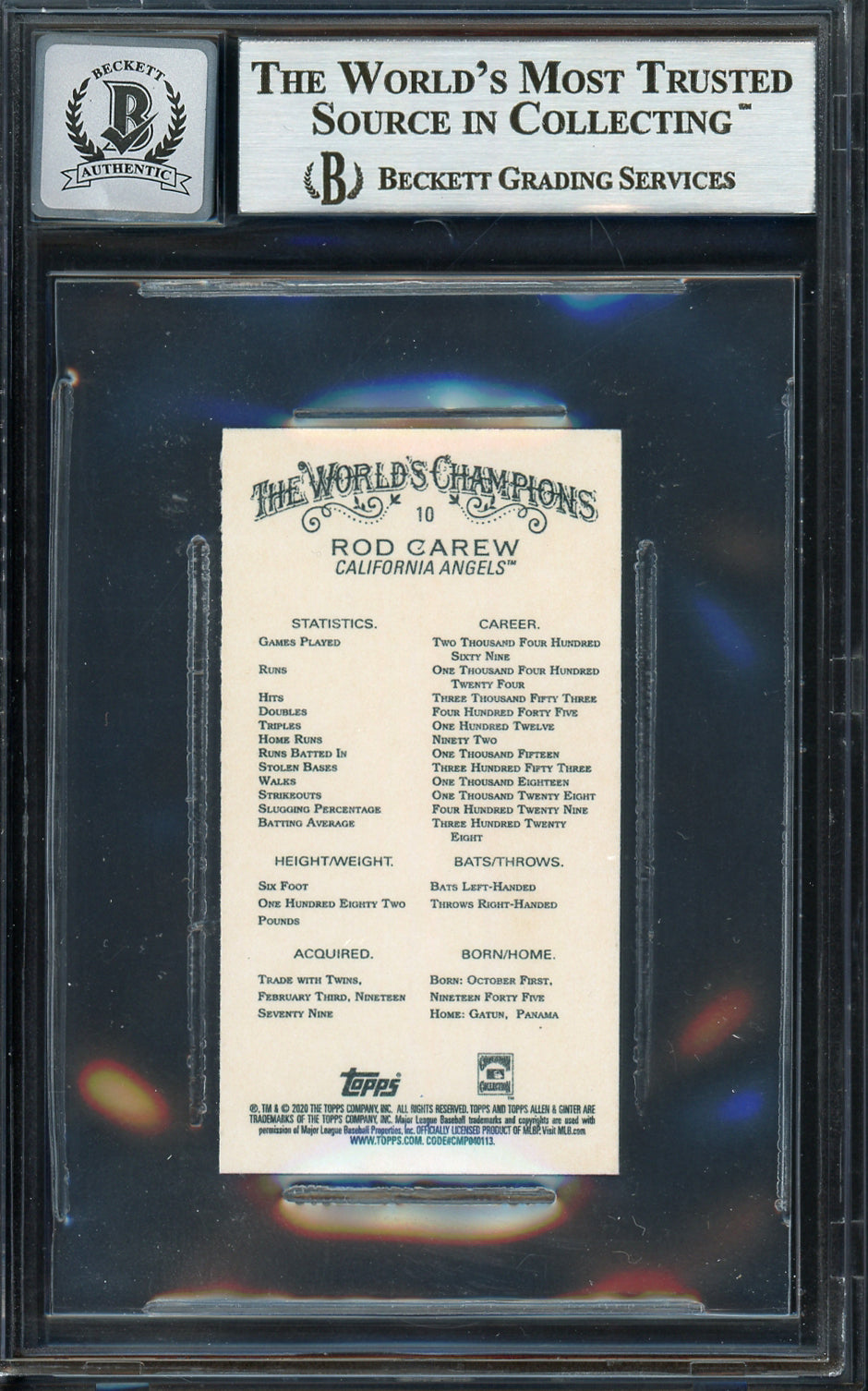 Rod Carew Autographed 2020 Topps Allen & Ginter Mini Card #10 California Angels Auto Grade Gem Mint 10 Beckett BAS #12752109