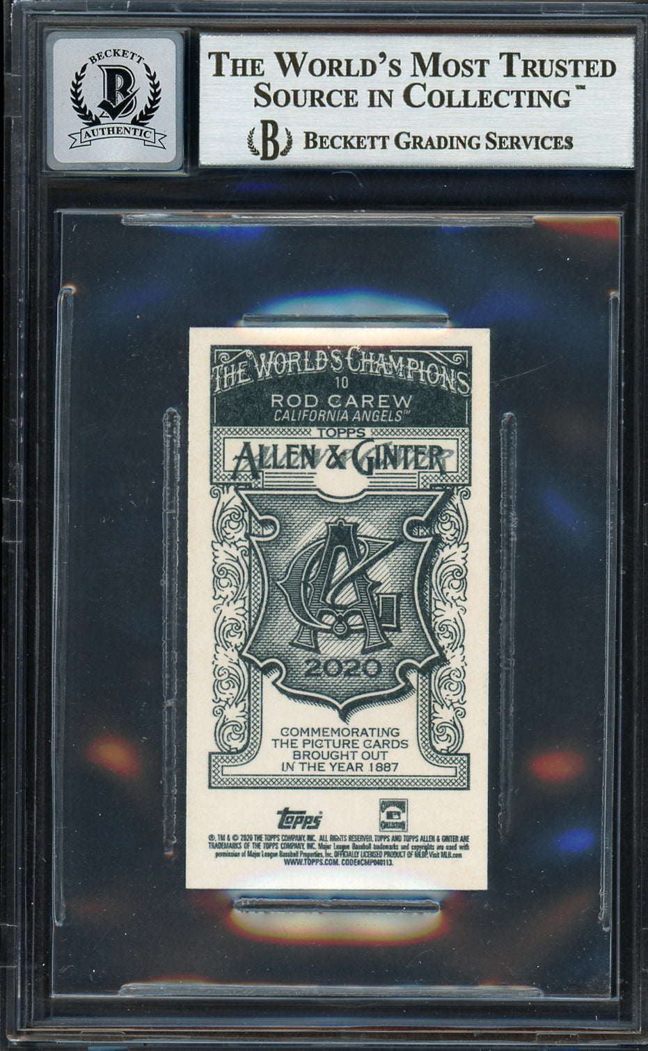 Rod Carew Autographed 2020 Topps Allen & Ginter Mini Card #10 California Angels Auto Grade Gem Mint 10 Beckett BAS #12752112