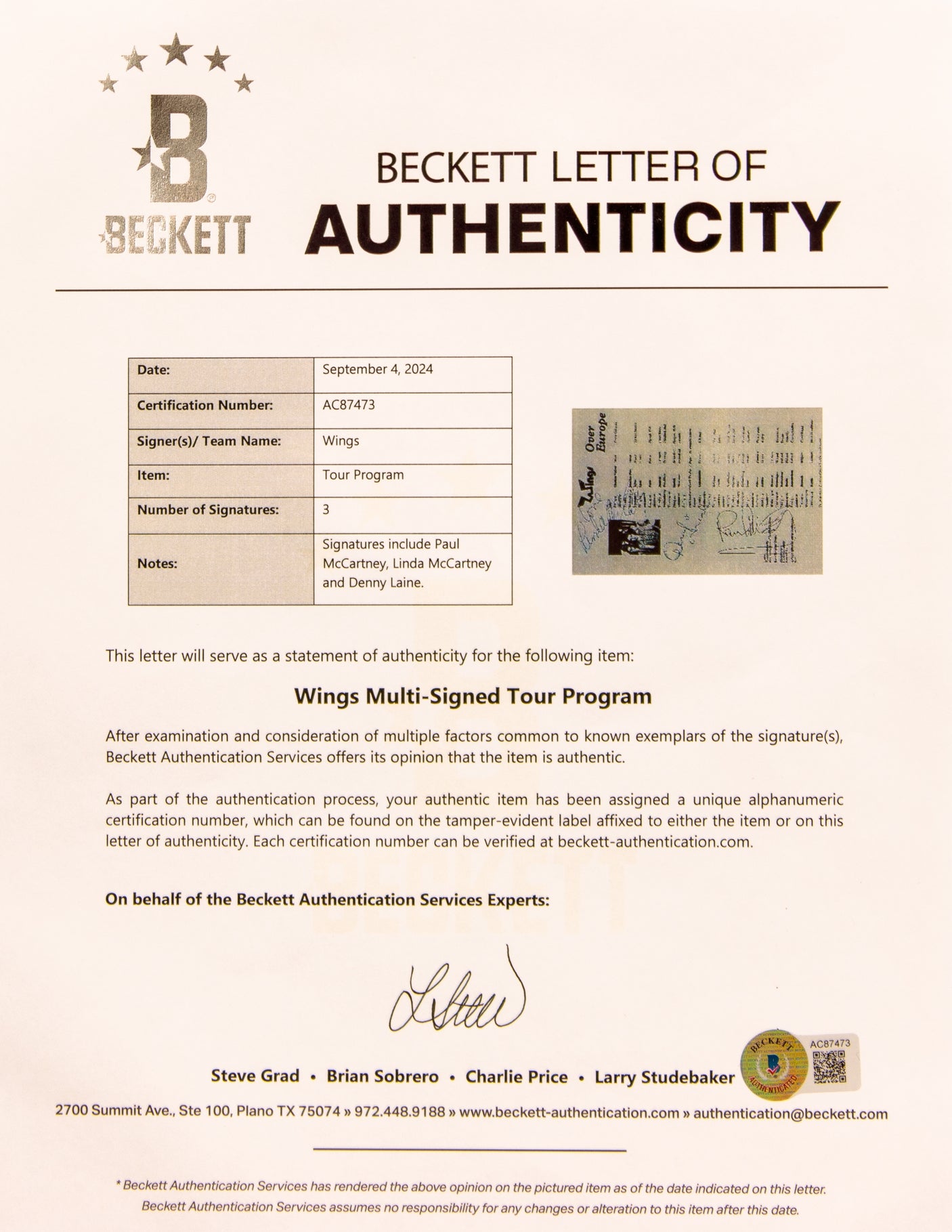 (3) Linda & Paul McCartney, Denny Lane Signed Wings Over Europe Tour Program BAS