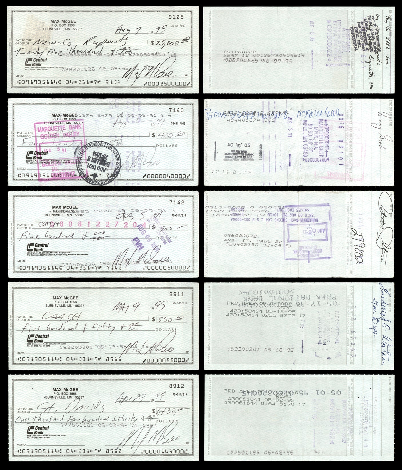 Max McGee Autographed 2.75x6 Check Green Bay Packers Lot of 20 SKU #174045